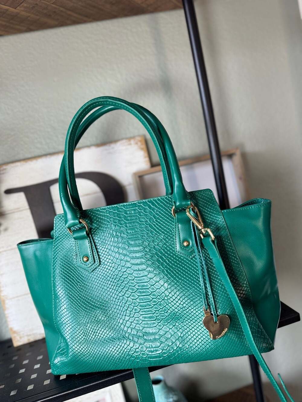 Cuore & Pelle Green Musette Snakeskin Satchel Handbag